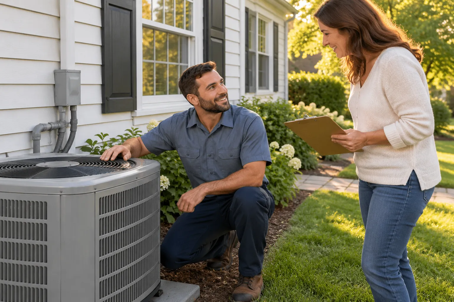 A friendly provider checking an outdoor air conditioner beside a home in Richmond